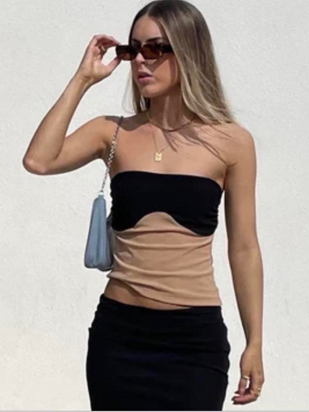 Two-Tone Strapless Cutout Camisole in Black and Beige